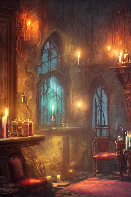 Prompt: a matte painting gothic counter parlor with bottles of potions and flickering candles colorful by greg rutkowski, tyler edlin