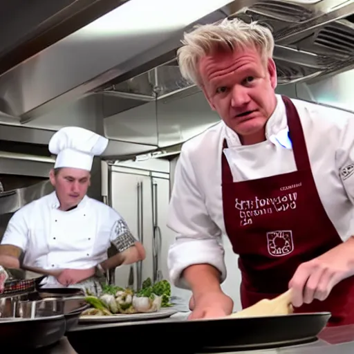 Image similar to Gordon Ramsey cooking a unicorn in a intricate kitchen 4k