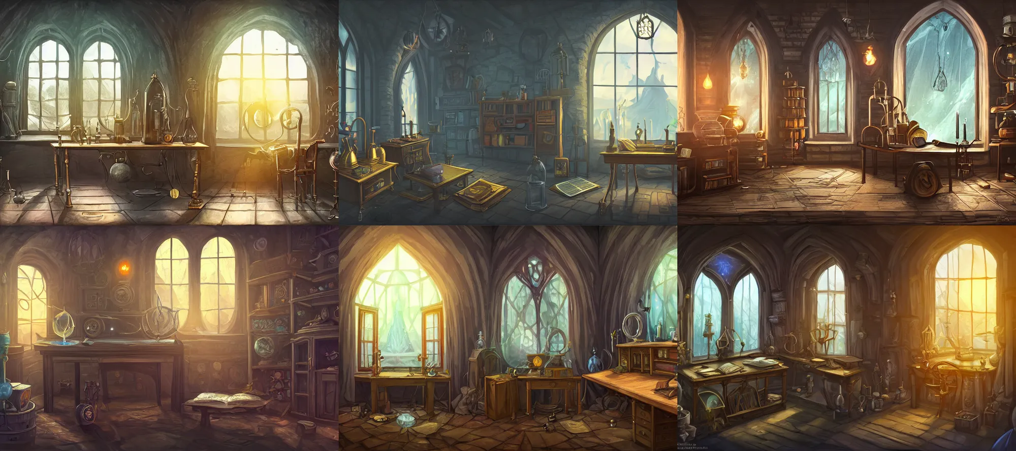 Prompt: interior shot of a cluttered wizard laboratory with a portal to another world. inspired by alchemy lab and victorian laboratory. a desk next to a window with a scenic view. digital painting, fantasy setting, 4 k, 8 k.