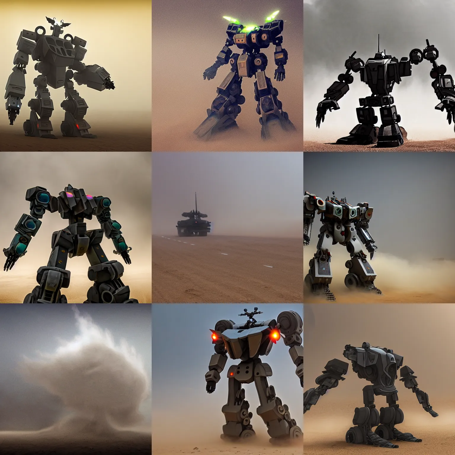 Prompt: sandstorm surrounding a dissolving gray mega mech,