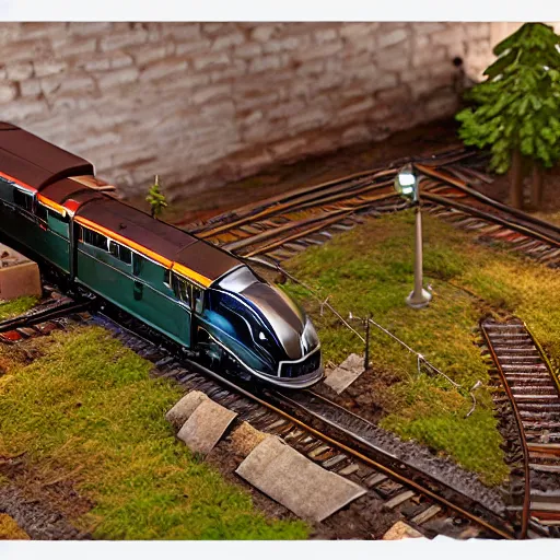 Image similar to a detailed photo of a railway diorama, zoom, model trees, table, studio lighting