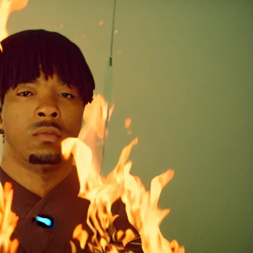 Image similar to cinematic film still of rapper JID starring as a Japanese Sensei with fire, Japanese CGI, VFX, 2003, 40mm lens, shallow depth of field, film photography