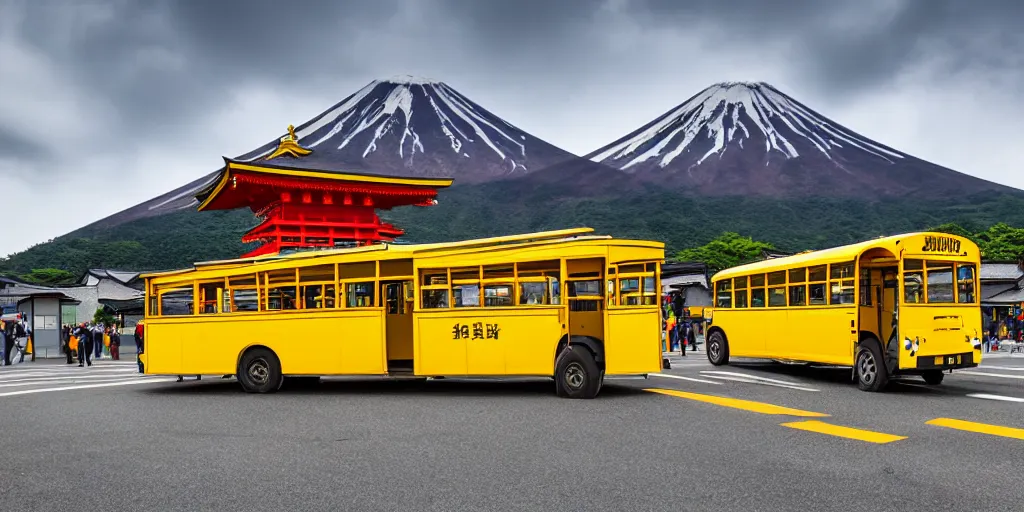 Prompt: Yellow school bus, driving towards a red japanese Torii gate at Mount Fuji location in Japan, ray tracing