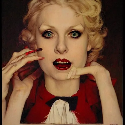 Image similar to beautiful blonde female VAMPIRE portrait, norman rockwell, craig mulins, trending on pxiv, scary