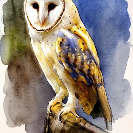 Image similar to a barn owl, watercolor with dripping paint, soft colors, style of anders zorn