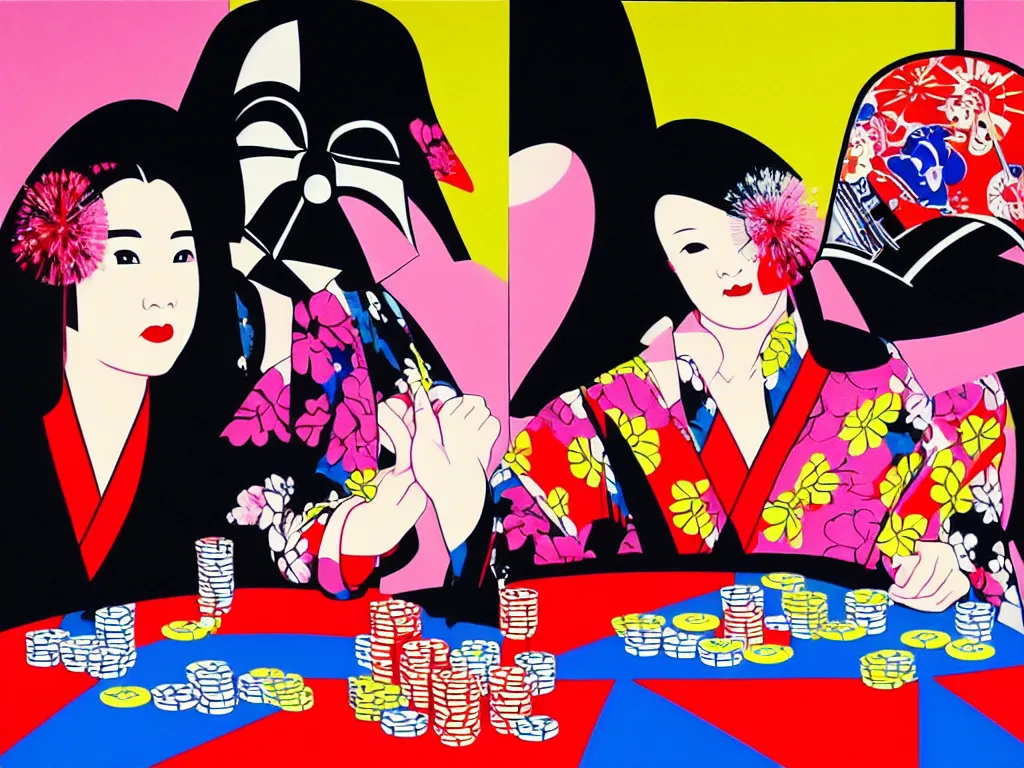 Image similar to hyperrealistic composition of the woman in a japanese kimono sitting at a poker table with darth vader, fireworks, mount fuji on the background, pop - art style, jacky tsai style, andy warhol style, acrylic on canvas