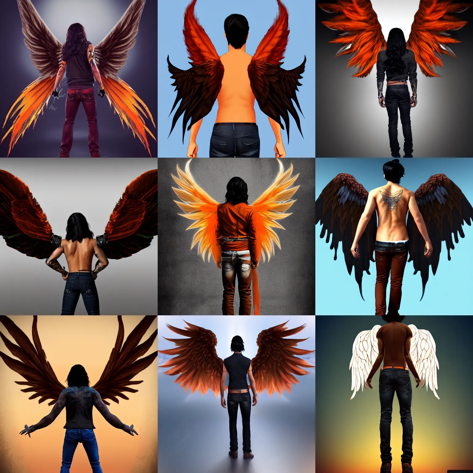 Prompt: male angel avan jogia with large wings. View from the back. Orange feathers, jeans, brown skin, long black hair. detailed urban fantasy digital art, trending on artstation
