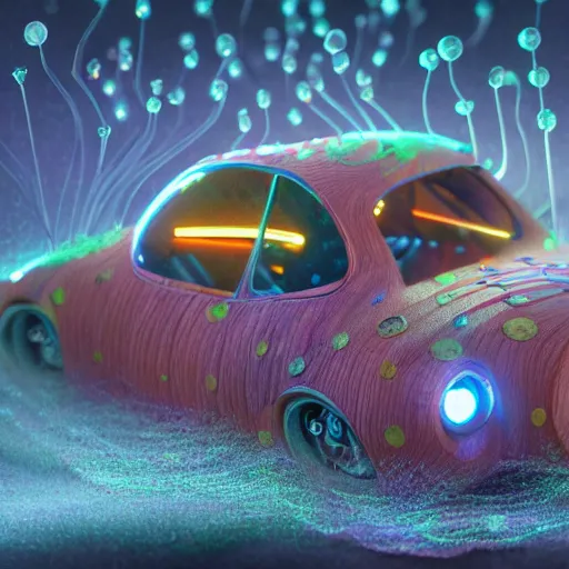 Prompt: tiny wooden car, floating, rbc, radiolaria, protophyta, micro - organisms, center frame, symmetric, rim light, marine microbiology, bioluminescence, electric, soft, concept art, intricate details, highly detailed, colorful, photorealistic, disney pixar, octane render, iridescent, anime, 8 k