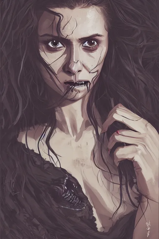 Image similar to nina dobrev in sleepy hollow, full body, big two toned eyes, teeth gritted, horror, intricate details, cinematic, epic, realistic, anatomy, tomer hanuka, uplight, artstation, photorealistic, scary