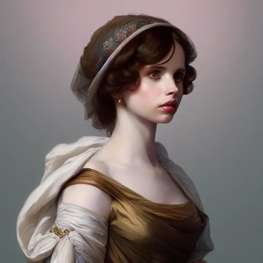Image similar to beautiful & natural Felicity Jones as an Age of Enlightenment-era aristocrat by Artgerm and Greg Rutkowski, intricate, elegant, highly detailed, digital painting, artstation, concept art, smooth, sharp focus