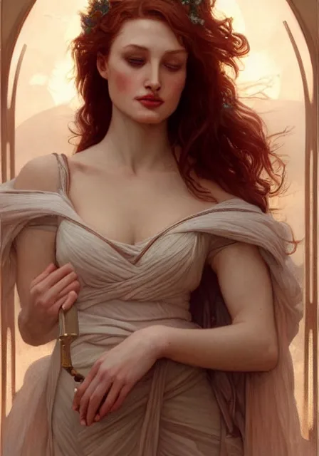 Image similar to sansa angeline jolie gessica chastain white snow skin, intricate, elegant, highly detailed, digital painting, artstation, concept art, smooth, sharp focus, illustration, art by artgerm and greg rutkowski and alphonse mucha and william - adolphe bouguereau