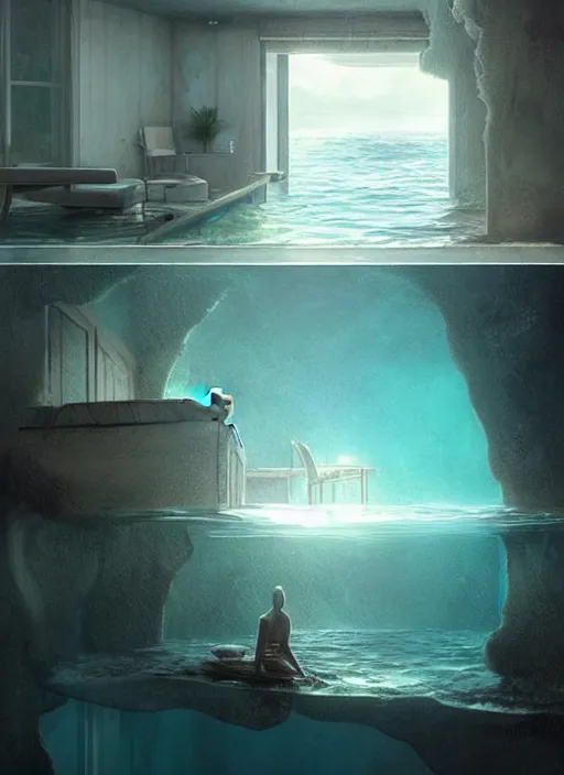 Image similar to inside a house that is sinking in the ocean, water is about mid level, furniture is half way submerged, concept art, highly detailed, cinematic lighting, digital art painting by greg rutkowski