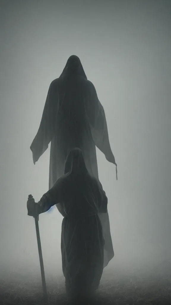 Prompt: photo of a mystical figure in occult robes sneaking through a swamp in the fog, cinematic lighting, highly detailed, horror, epic