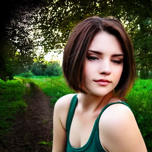 Prompt: an hd candid photo of a cute young woman with short brown hair and green eyes, beautiful trees in the background, night sky with stars and galaxies, trending on artstation