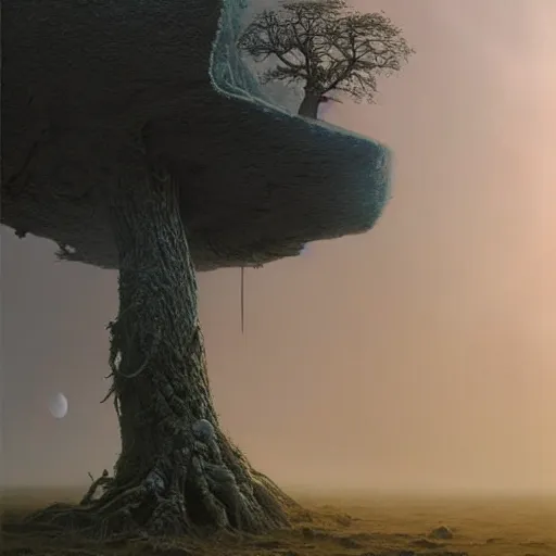 Image similar to beautiful hyperrealistic detailed matte landscape of a the mysterious last tree on earth, cyberpunk tree, summer, on the morning, by zdzisław beksinski and artem demura and john howe, featured on artstation, featured on behance, golden ratio, ultrawide angle, f 3 2, well composed, cohesive