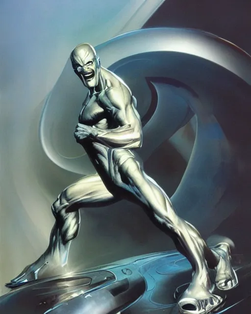 Prompt: silver surfer by peter andrew jones, hyper detailed