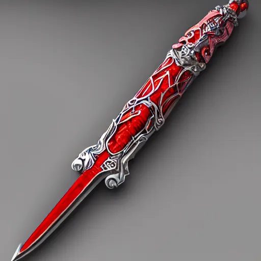 Image similar to red fantasy sword, intricate, elegant, highly detailed, digital painting, 4k, HDR, concept art, detailed jewelry, smooth, sharp focus, illustration, art by Artgerm, H R Giger and Alphonse Mucha