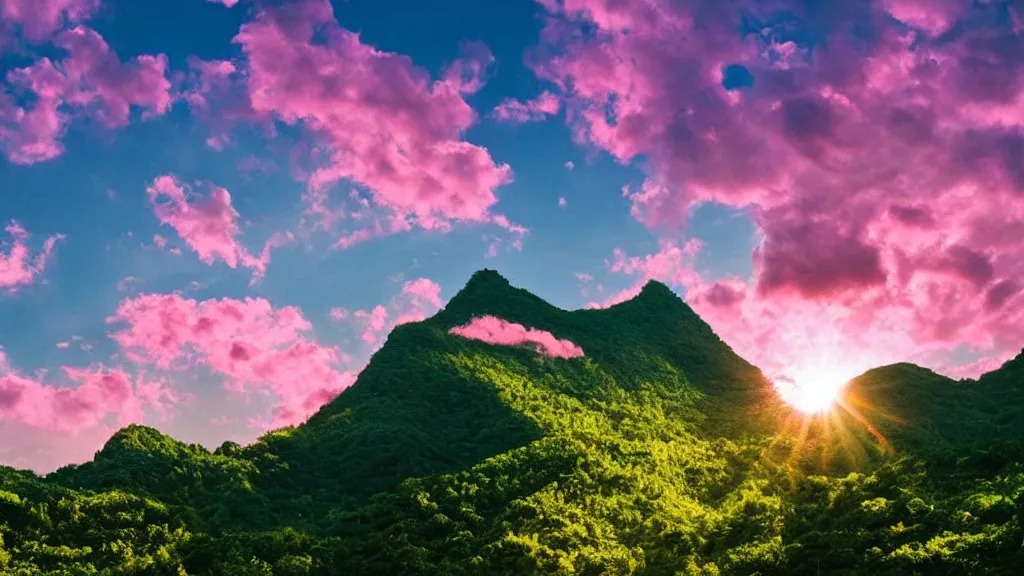 Image similar to Beautiful green lush mountains under the anime pink clouds backlit by the sun