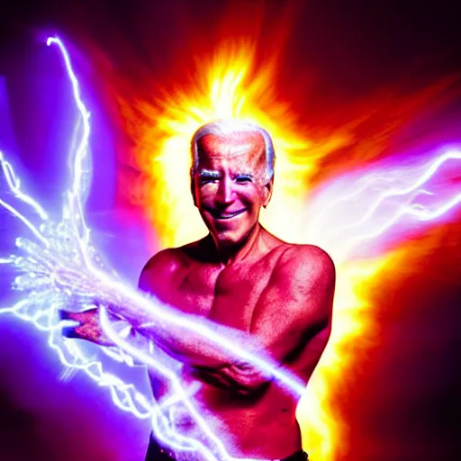 Image similar to uhd candid photo of cosmic joe biden as buu powering up, glowing, global illumination, studio lighting, radiant light, hyperdetailed, correct face, elaborate intricate costume. photo by annie leibowitz