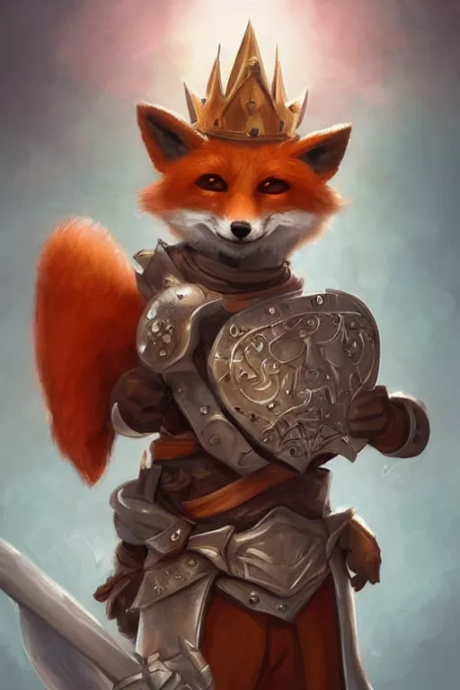 Image similar to cute little anthropomorphic foxy knight wearing a cape and a crown, tiny, small, miniature fox, baby animal, short, pale blue armor, cute and adorable, pretty, beautiful, DnD character art portrait, matte fantasy painting, DeviantArt Artstation, by Jason Felix by Steve Argyle by Tyler Jacobson by Peter Mohrbacher, cinematic lighting