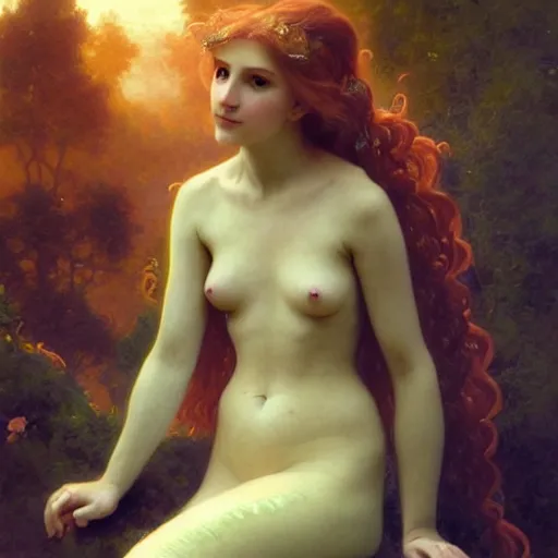 Image similar to a beautiful stunning interesting detailed fantasy whimsical matte digital portrait illustration of a mermaid with turqoise hair, and a yellow-orange and red-violet sunset, spectacular sunset, in the style of William Adolphe-Bouguereau and Marc Simonetti, magic the gathering, trending on artstation hq, contest winner