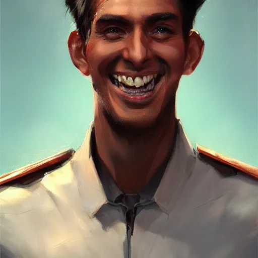 Image similar to portrait of aman by greg rutkowski, he is about 3 0 years old, copper quiff hair, uncanny smile, very tall and slender, he is wearing a futuristic police gear, highly detailed portrait, digital painting, artstation, concept art, smooth, sharp foccus ilustration, artstation hq