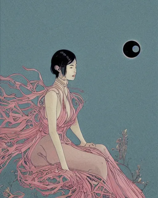 Image similar to lee jin - eun in luxurious dress emerging from pink and turquoise water in egyptian pyramid city during an eclipse by takato yamamoto, nicola samuri, conrad roset, m. k. kaluta, martine johanna, rule of thirds, elegant look, beautiful, chic, face anatomy, cute complexion