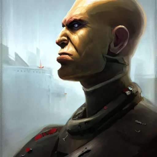 Image similar to portrait of rubbery albino mutant with determined expression, sharp features, moist skin and wide black eyes wearing fascist Napoleonic Tang Dynasty police uniform standing on cyberpunk docks, science fiction concept art by Greg Rutkowski and Anato Finnstark