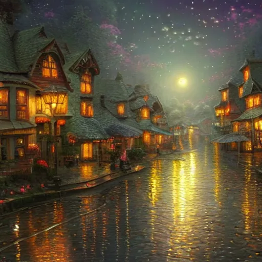 Prompt: intricate five star rosebloom village at night with moon light by greg rutkowski and thomas kinkade, oil on canvas, hdr, high detail, photo realistic, hyperrealism, matte finish, high contrast, 3 d depth, centered, masterpiece, vivid and vibrant colors, enhanced light effect, enhanced eye detail, artstationhd