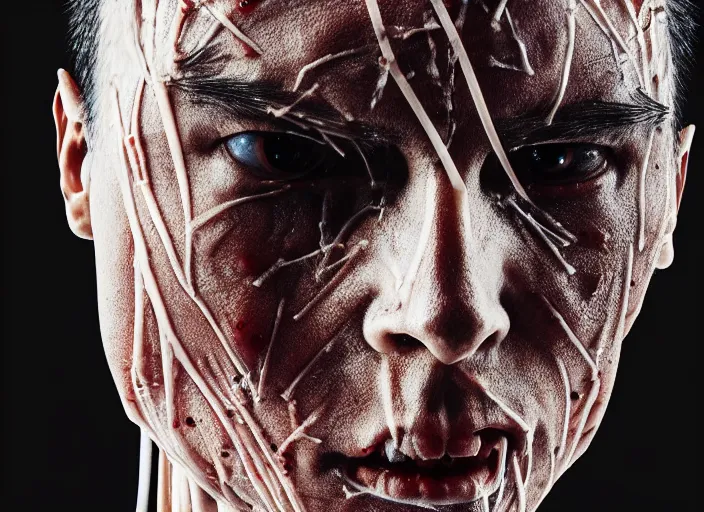 Prompt: mid shot portrait of samurai in battle, transparent skin, bones, muscle, veins, nerves, in the style of david cronenberg, high fashion, id magazine, realistic, sharp focus, 8 k high definition, film photography, photo realistic, insanely detailed, by david kostic and stanley lau and artgerm