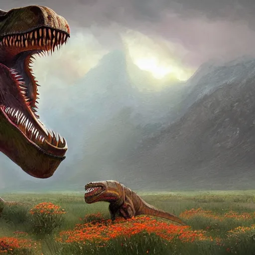 Image similar to Beautiful digital painting of monumental dinosaur made of flowers by Greg Rutkowski and James Gurney, trending on Artstation, deviantart, ultra detail