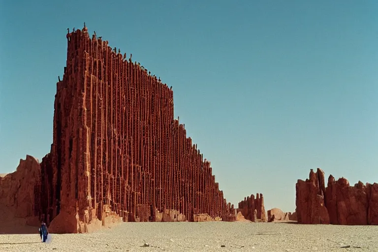 Image similar to film still of monumental gigantic post human building in the desert, by Étienne-Louis Boullée ektachrome full-HD