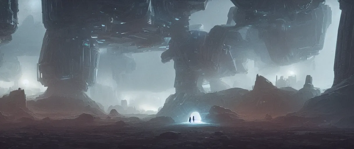 Image similar to Halls of Space by Ben Wanat; illustration, deep space exploration, the expanse tv series, industrial design, space travel, intergalactic, atmospheric, cinematic lighting, 4k, greebles, widescreen, wide angle, beksinski, sharp and blocky shapes, simon stalenhag palette