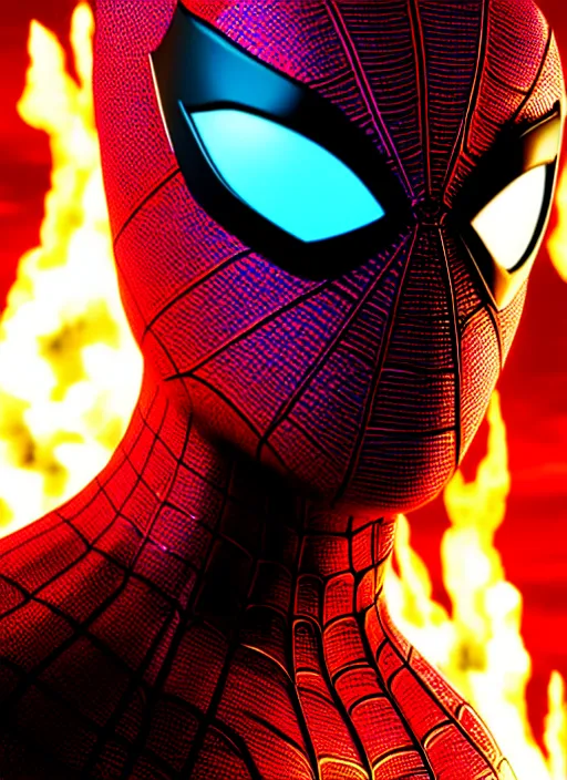 Prompt: futuristic spiderman with fire ,highly detailed, 4k, HDR, award-winning, artstation, octane render