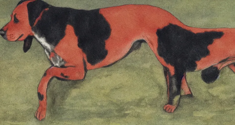 Prompt: Red dog with black spots.