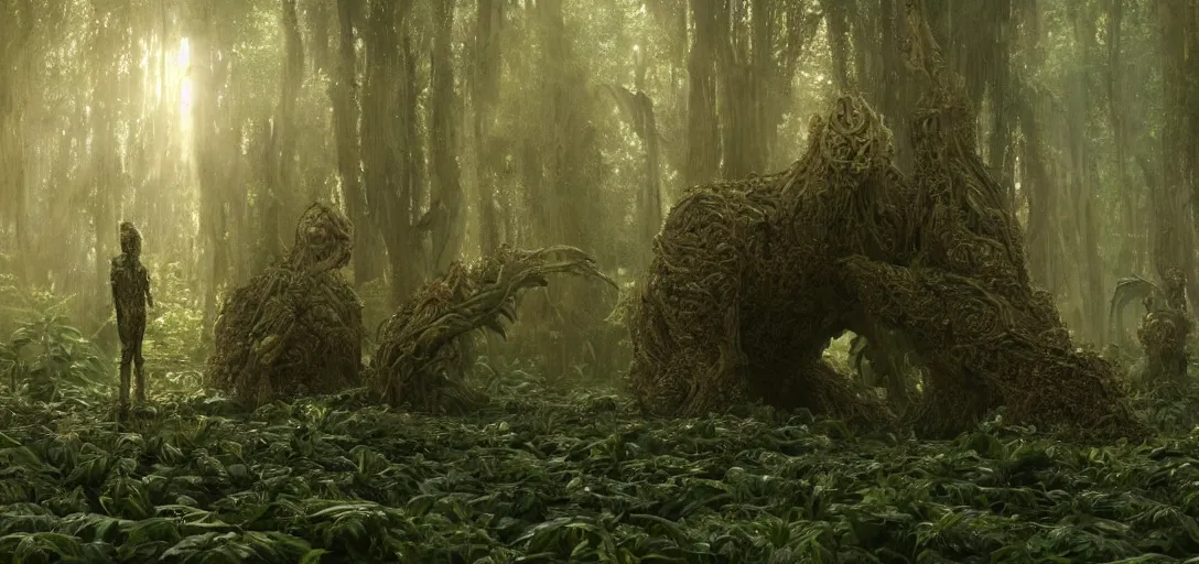 Image similar to a complex organic fractal 3 d metallic symbiotic ceramic humanoid megastructure creature in a swampy lush forest, foggy, sun rays, cinematic shot, photo still from movie by denis villeneuve, wayne barlowe