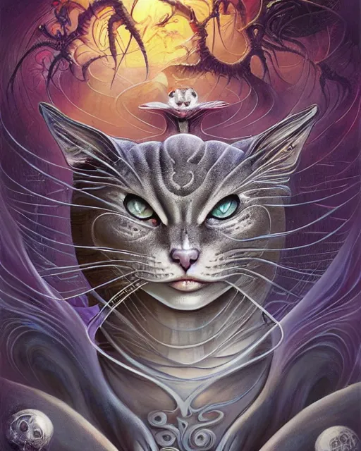 Prompt: chesire cat, by antonio j. manzanedo, giger, alex grey, android jones, wayne barlowe, philippe druillet, raymond swanland, cyril rolando, josephine wall, harumi hironaka, trending on artstation