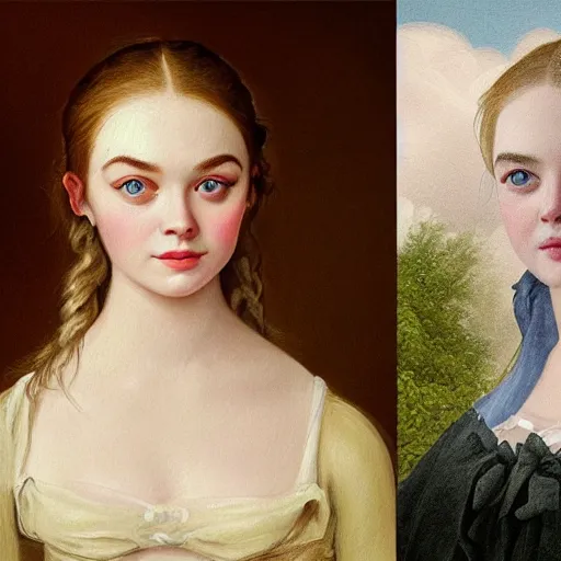 Prompt: professional painting of Elle Fanning in the style of Asher Brown Durand, head and shoulders portrait, symmetrical facial features, smooth, sharp focus, illustration, intricate, stormy weather, extremely detailed masterpiece,