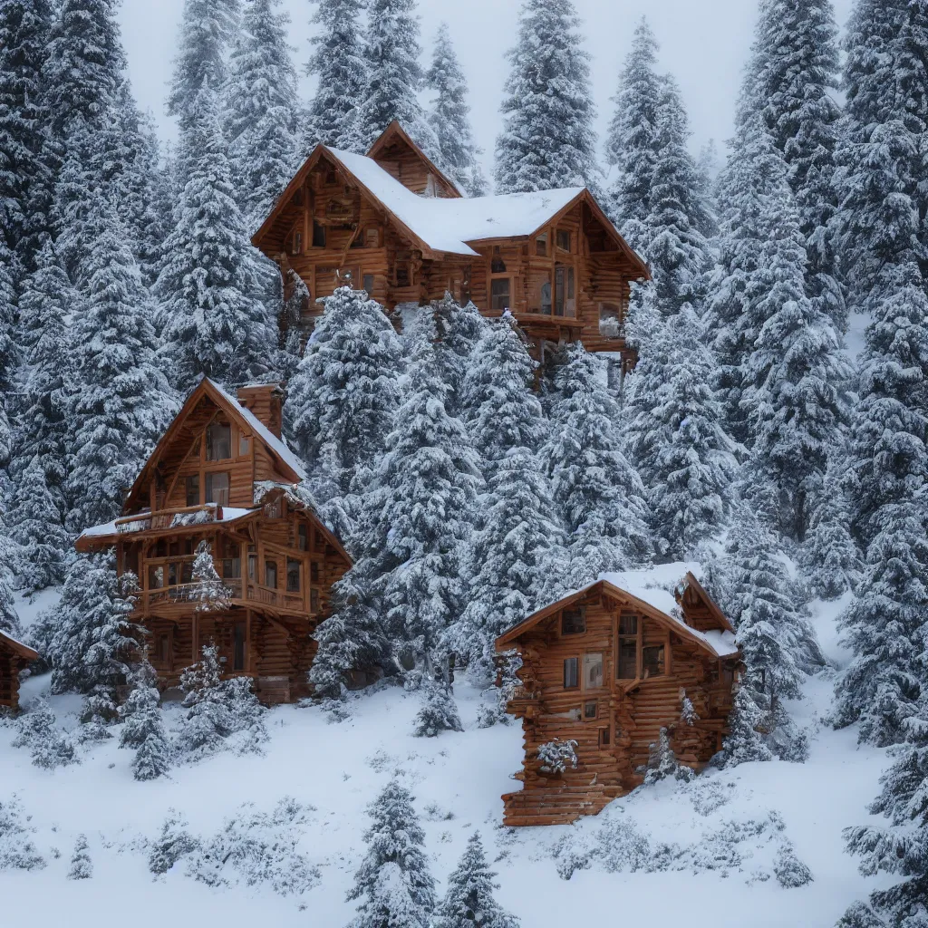 Image similar to wooden cabin in mountain covers by snow, foggy day, hyper realistic, Future design, architecture design, foggy, organic form, foggy, environment, Cinematography, mega scans, sloped site, cinematic, hyper realistic, photo real, cinematic composition, highly detailed, vray, 8k render