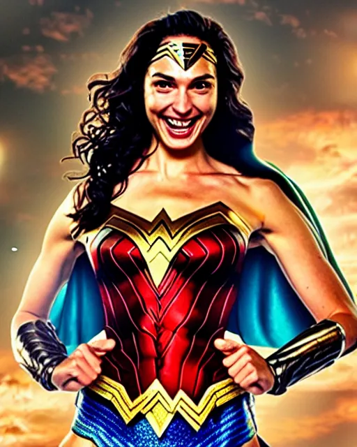 Image similar to gal gadot as she crinkles her nose while laughing, dressed as wonder woman, photorealistic, hdr, color, hyperreal