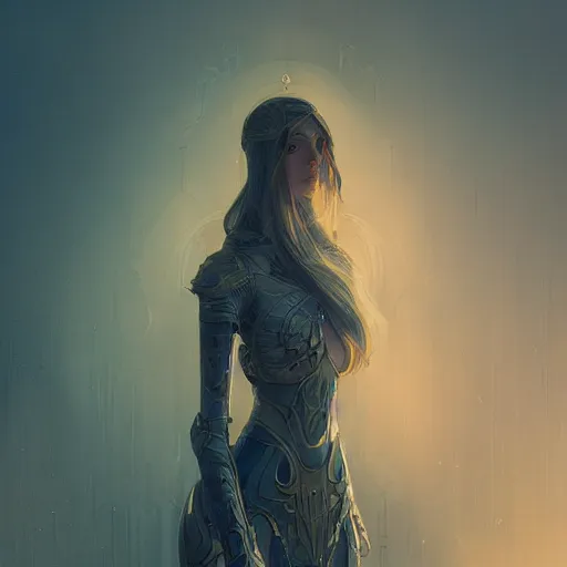 Image similar to pale skinned woman wears metal armour, fog, volumetric lighting, intricate, elegant, highly detailed, digital painting, artstation, concept art, smooth, sharp focus, art nouveau, art by alena aenami and alphonse mucha