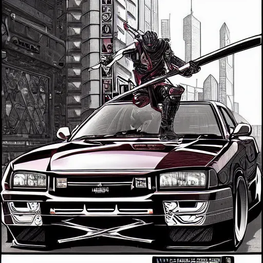 Image similar to beautiful hyper-detailed artwork of a robot ninja warrior with a sword, driving through the city, in a modified Nissan skyline r34, cyberpunk, lo-fi