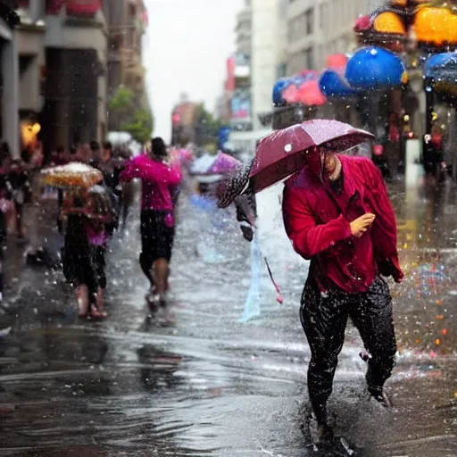 Image similar to people on street get wet of chocolate liquid rain