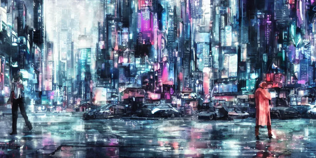 Image similar to the coming AI singularity, street scene, ultrawide watercolor, Ghost in the Shell