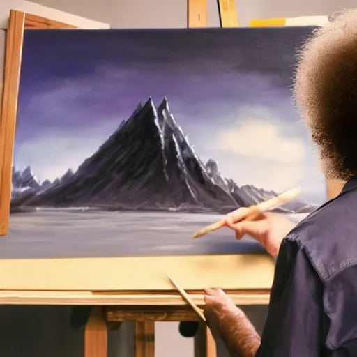Image similar to a closeup photorealistic photograph of bob ross working on a canvas painting of batman. film still. brightly lit scene. mountains and trees. this 4 k hd image is trending on artstation, featured on behance, well - rendered, extra crisp, features intricate detail, epic composition and the style of unreal engine.