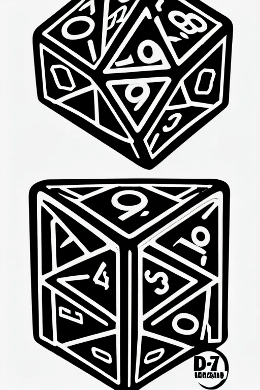 Prompt: d 2 0 dice, art by james o barr and dzo, woodblock print, black and white, vector, vector art