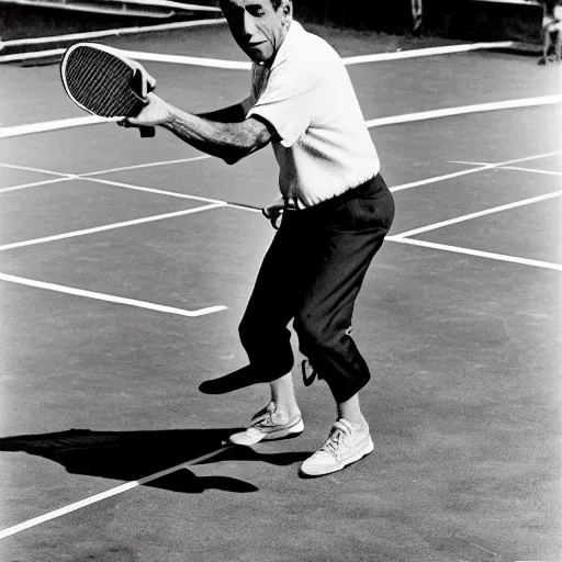 Prompt: Humphrey Bogart playing pickleball, black and white photo