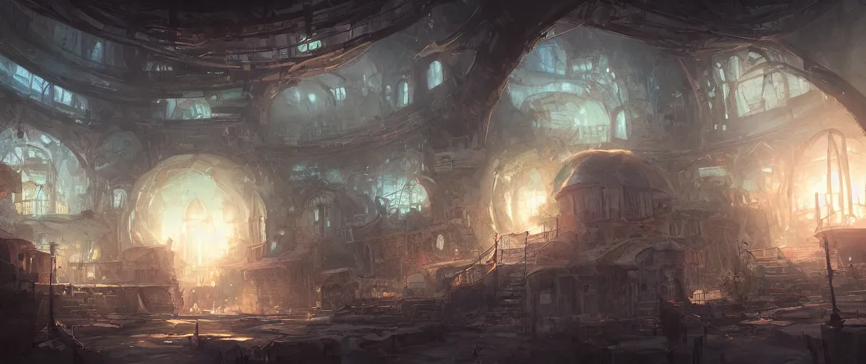 Image similar to ramshackle village built around large dome, concept art, digital painting, style of jordan grimmer, warm lighting, futuristic, volumetric lighting, view from below,dark, nighttime, godrays, high detail