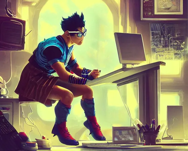 Image similar to an insanely detailed painting of a nerdy asian man wearing a superhero costume, sitting at a desk, staring at the nervously at the computer and typing, in the style of peter mohrbacher, dramatic lighting and composition, octane render, pixar, trending on artstation, concept art, comic book, view from behind