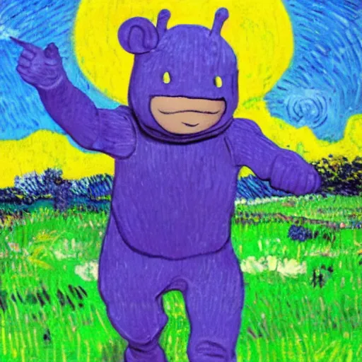 Prompt: tinky winky frolicking in a field in the style of van gogh